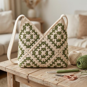 May include: A cream and green crocheted tote bag with a shoulder strap. The bag features a granny square pattern in cream and olive green. A ball of cream yarn, a ball of green yarn, a crochet hook, and scissors are on a wooden table.