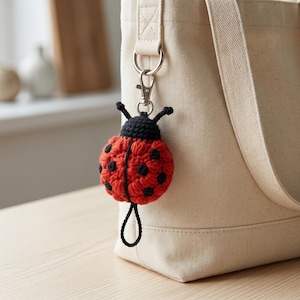 May include: A handmade red and black ladybug keychain. The ladybug is crocheted with a black head and antennae, and black spots on its red body. It is attached to a silver-colored metal clip, and is hanging from a beige tote bag.