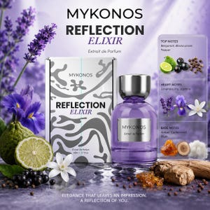May include: A 50ml bottle of Mykonos Reflection Elixir Extrait de Parfum with a purple liquid, silver cap, and a rectangular label. The packaging features a white box with grey abstract patterns, displaying the product name and 50ml / 1.7 fl oz.