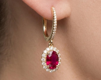 Genuine Ruby Gold Vermeil Halo Dangle Drop Oval Silver Earrings