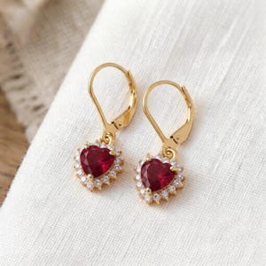 Ruby Gold Vermeil Halo Dangle Drop Heart Earrings