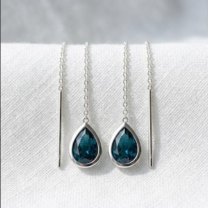 Tiny Emerald Blue Topaz Droplet Bezel CZ Crystal Threader Earrings in Sterling Silver, Silver or Gold, Minimalist Pear Cut Ear Threaders