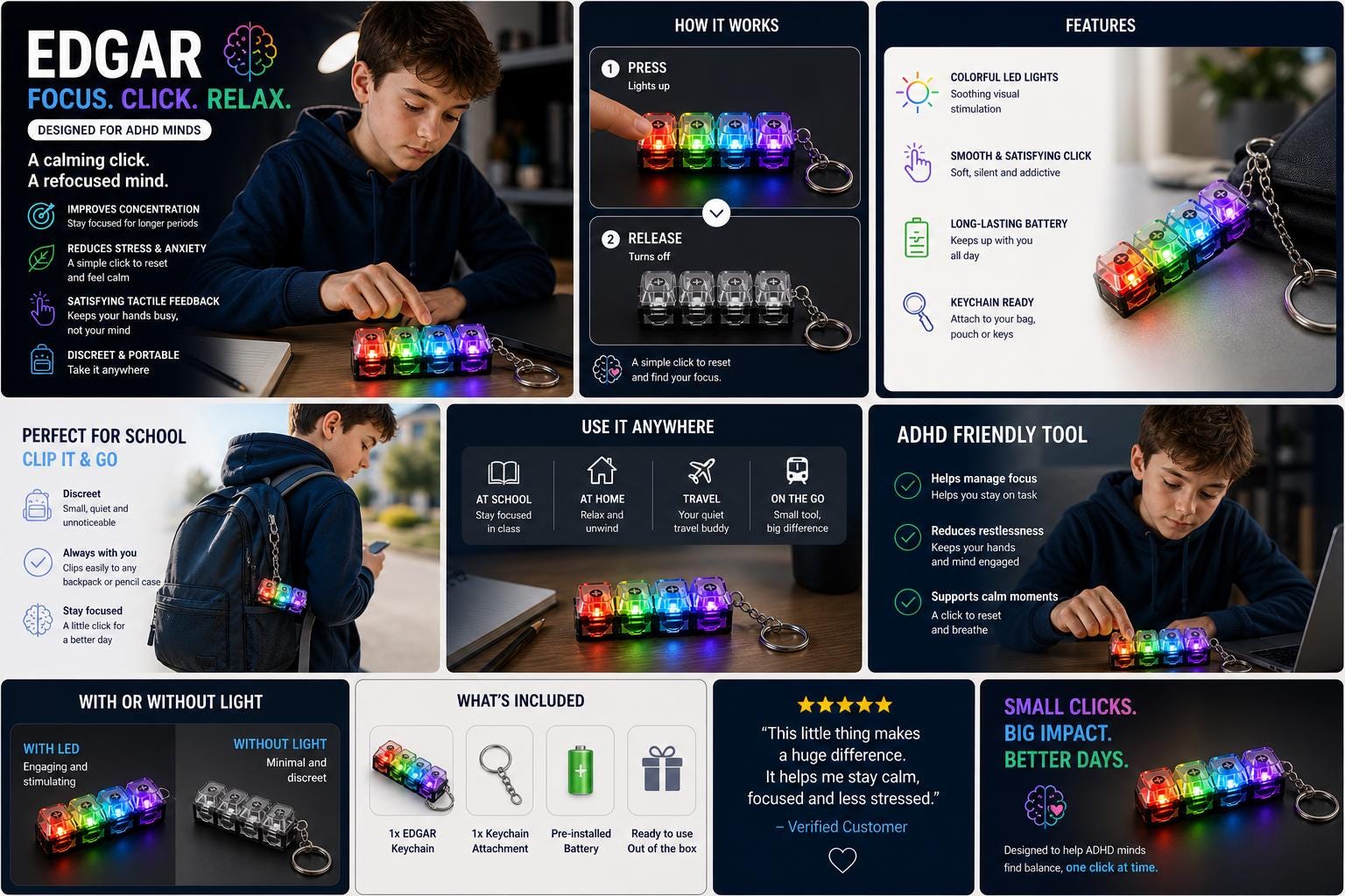 ADHD Fidget Keychain | LED RGB Clicky Keyboard | Sensory Toy Kids ...