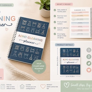 Peut inclure: Un planificateur de nettoyage ADHD à spirales, avec une couverture bleu marine ornée d'icônes de nettoyage et le titre "ADHD CLEANING planner". Le planificateur mesure 21 cm de large et 28 cm de haut, avec une couverture laminée mate.