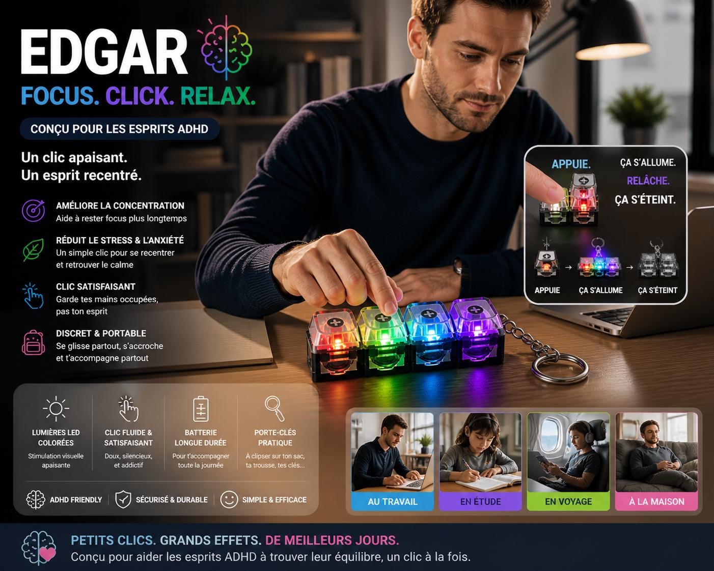 ADHD Fidget Keychain | LED RGB Clicky Keyboard | Sensory Toy Kids ...