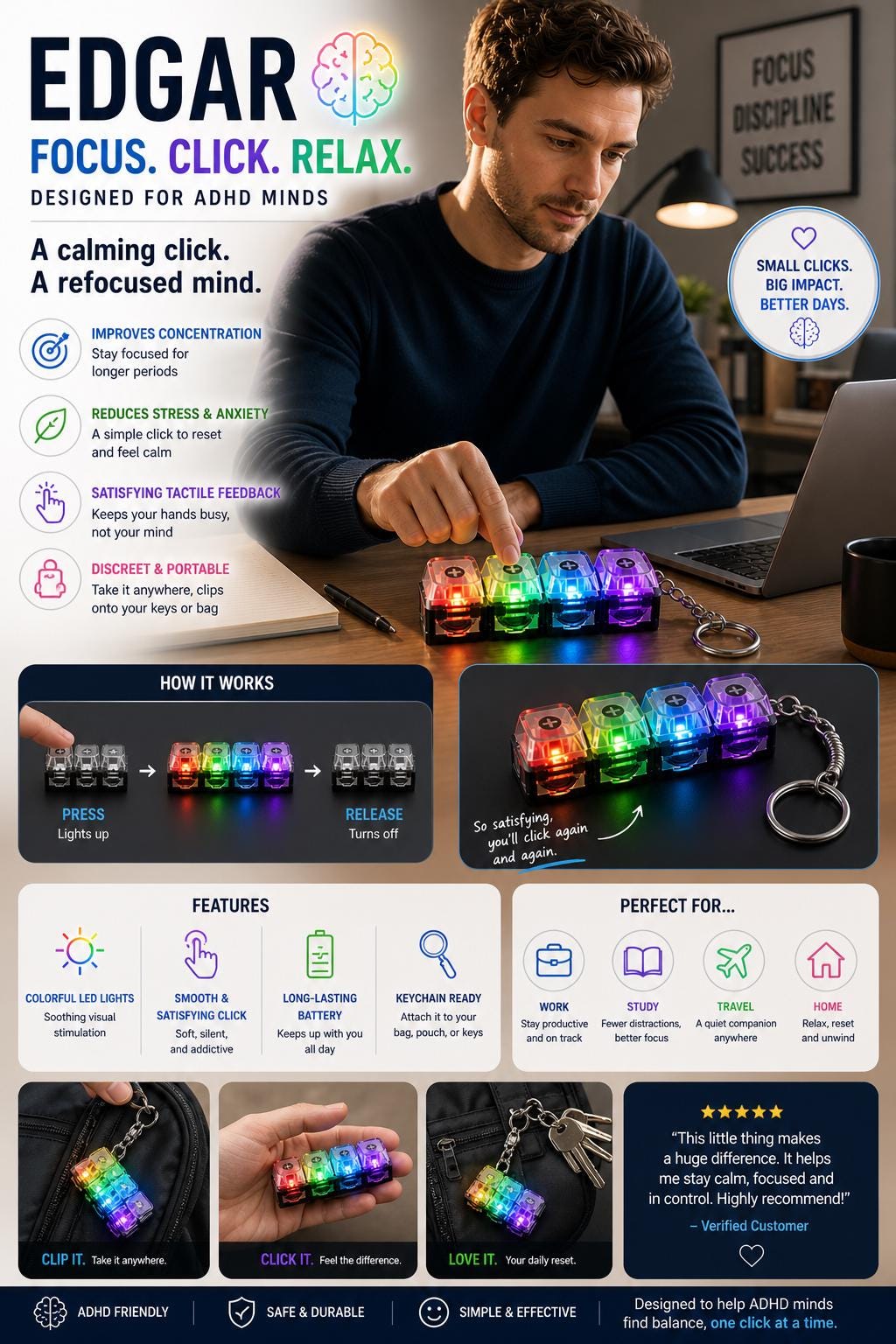 ADHD Fidget Keychain | LED RGB Clicky Keyboard | Sensory Toy Kids ...