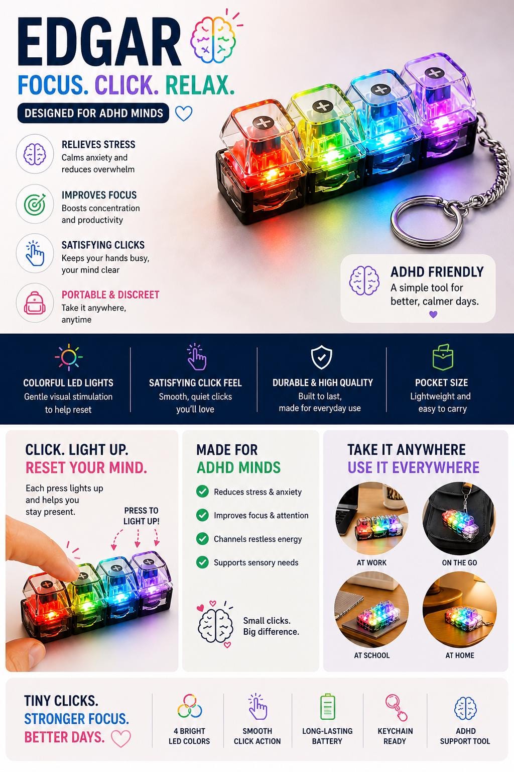 ADHD Fidget Keychain | LED RGB Clicky Keyboard | Sensory Toy Kids ...
