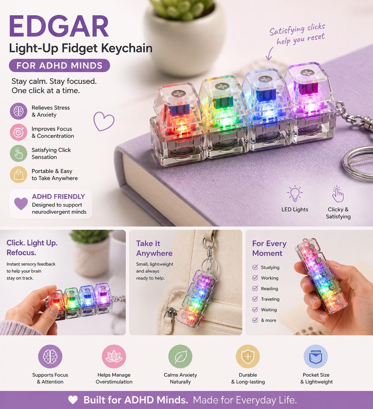 ADHD Fidget Keychain | LED RGB Clicky Keyboard | Sensory Toy Kids ...