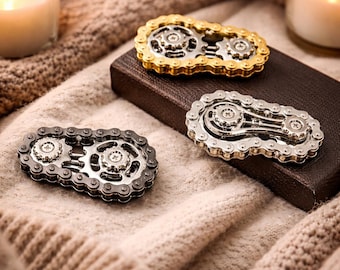 ADHD Fidget Toy Bike Chain Spinner | Sensory Fidget Tool for Adults | Neurodivergent Anxiety Relief | Metal Gear Fidget Ring Gold Silver