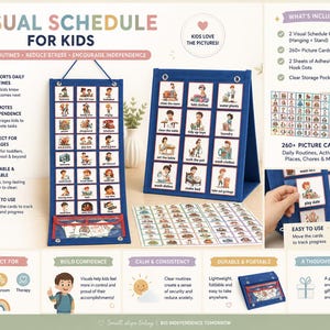 Könnte beinhalten: Ein visueller Zeitplan für Kinder, mit zwei blauen Stofftafeln und Bildkarten für tägliche Routinen und Aktivitäten. Der Text lautet "Visual Schedule for Kids" und "Build Routines, Reduce Stress, Encourage Independence."