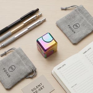Puede incluir: Un surtido de accesorios de escritorio que incluyen tres bolígrafos, un cubo multicolor, dos bolsas grises con cordón con la palabra "FOCUS", un cuaderno y una tarjeta pequeña que dice "SILENT RE-SET". Los artículos están dispuestos sobre una superficie de madera clara.