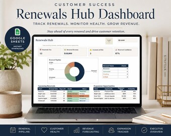 Customer Success Renewals Dashboard | Renewal Tracker | Client Renewal Pipeline | Account Management Template | Google Sheets CRM