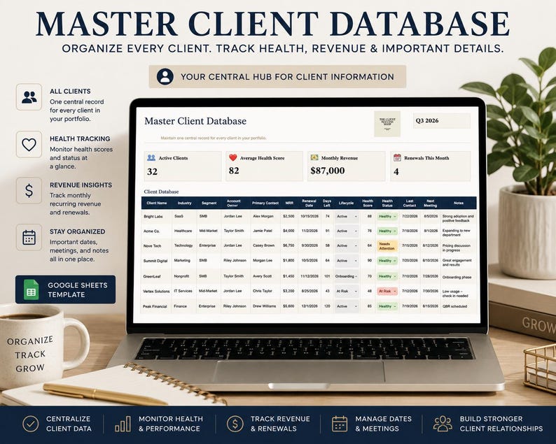 Pode incluir: Uma tela de laptop exibindo um modelo do Google Sheets para banco de dados de clientes. A interface mostra m&eacute;tricas de clientes ativos, pontua&ccedil;&otilde;es de sa&uacute;de, receita mensal e renova&ccedil;&otilde;es, ao lado de uma tabela detalhada de dados.