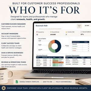 Pode incluir: Um port&aacute;til exibindo um painel Renewals Hub com gr&aacute;ficos e tabelas para profissionais de sucesso do cliente. O texto inclui "BUILT FOR CUSTOMER SUCCESS PROFESSIONALS" e "GOOGLE SHEETS TEMPLATE". Uma caneca diz "FOCUS PLAN GROW".