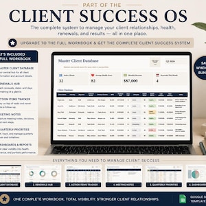 Pode incluir: Uma tela de laptop exibindo o painel Client Success OS com um banco de dados mestre de clientes, incluindo colunas para nomes, setor, pontua&ccedil;&otilde;es de sa&uacute;de e receita. Uma barra lateral lista componentes como o centro de renova&ccedil;&otilde;es e rastreador de tarefas.