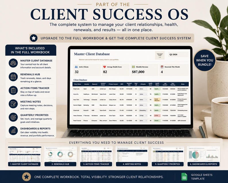 Pode incluir: Uma tela de laptop exibindo o painel Client Success OS com um banco de dados mestre de clientes, incluindo colunas para nomes, setor, pontua&ccedil;&otilde;es de sa&uacute;de e receita. Uma barra lateral lista componentes como o centro de renova&ccedil;&otilde;es e rastreador de tarefas.