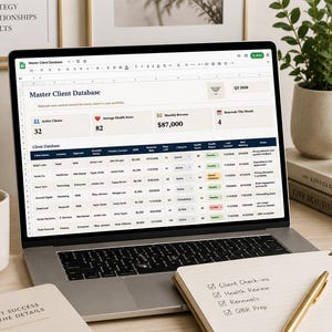 Pode incluir: Uma tela de laptop exibindo uma planilha de Master Client Database com m&eacute;tricas de clientes ativos, pontua&ccedil;&otilde;es de sa&uacute;de, receita mensal e renova&ccedil;&otilde;es, incluindo colunas para nome do cliente, setor e respons&aacute;vel.
