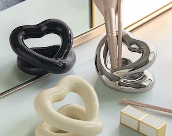 Minimalist Heart Bathroom Holder, Ceramic Toothbrush Cup, Vanity Organizer Decor