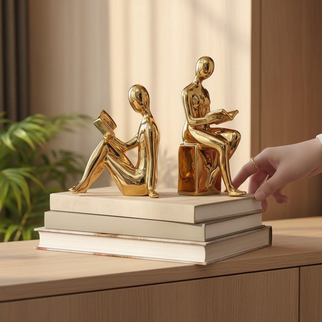 Ceramic Bookends Girl Figure Set, Modern Metallic Gold Desk Shelf ...
