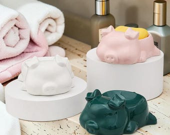 Jabonera de cerámica con forma de cerdito, bandeja de almacenamiento moderna con forma de animal, organizador de baño.