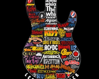 Rock Legends Guitar PNG | Classic Rock Band Logo Guitar Art | Music Wall Art Sublimation Design | rock and roll Clipart Digital Download png