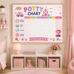 May include: A rectangular potty chart with a wooden frame featuring the text POTTY CHART, a rainbow, a pink car, and a pink castle. The grid includes columns for days of the week, rows for potty tasks with icons, and a reward section with a trophy.
