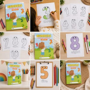 May include: A preschool numbers coloring workbook featuring a cartoon child on the cover, accompanied by various activity pages showing numbers one through ten with outlines for coloring, colored pencils, and markers on a desk surface.