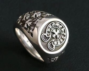 Silver Horseshoe Signet, Gothic Floral Cross Biker Band, Men's Punk Jewelry Gift
