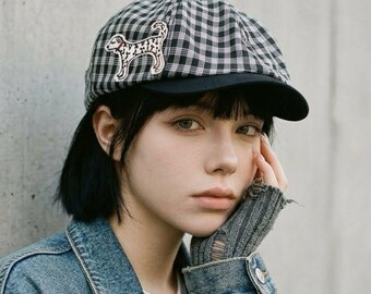 Dalmatian Dog Gingham Newsboy Cap, Embroidered Baker Boy Hat