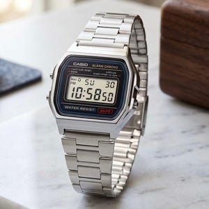 Klassisk Casio A158WA silverfärgad digitalklocka | Unisex retro 80-talsstil
