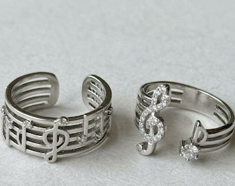Musical Staff Treble Clef Ring Set, Adjustable Silver Tone Music Jewelry