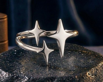 Y2K Silver Star Ring, Celestial Four-Point Star, Adjustable Grunge Jewelry