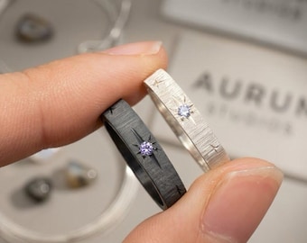 Celestial Star Couple Ring Set, Black and Silver Matching Bands, Set of 2
