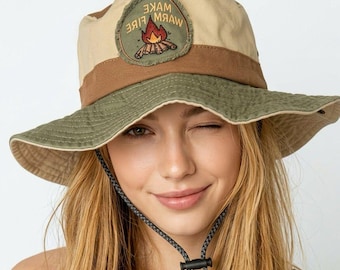 Hat, Hiking Bucket Camping Embroidery Streetwear Patchwork Sun Cap Army Green Khaki OOTDLAB