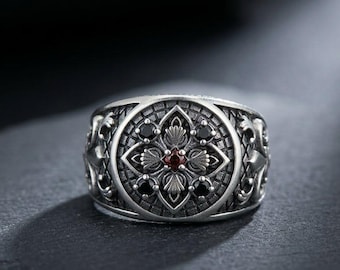 Silver Cross Ring, Gothic Jewelry, Red Stone Signet, Adjustable Ring, Gift for Him