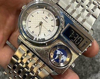 Handcrafted Triple Time Zone Watch, Steel Analog Digital Men's Wristwatch