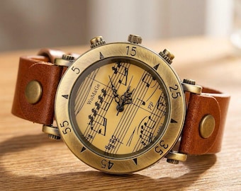 Vintage Music Sheet Watch, Antique Bronze Leather Band, Elegant Wristwatch