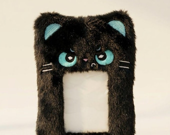 Black Cat Faux Fur Card Holder, Grumpy Face ID Badge Clip, 3-Inch Photocard Sleeve