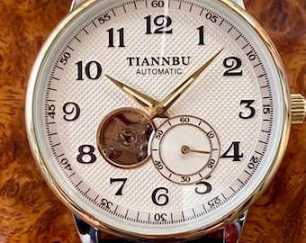 Handcrafted Automatic Mechanical Watch, Skeleton Open Heart, Vintage Leather Dress Watch