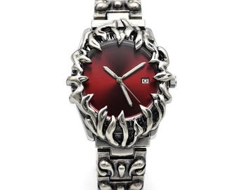 Gothic Y2K Claw Watch, Silver Stainless Steel, Red Sunburst Dial, Cyberpunk Streetwear