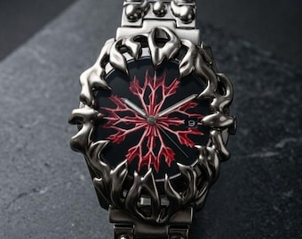 Gothic Flame Watch, Stainless Steel Statement Punk Wristwatch, Red Tree Dial