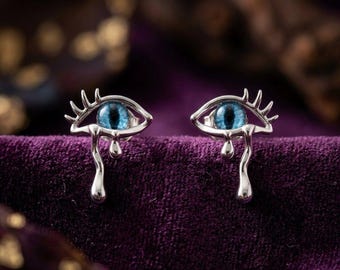 Crying Cat Eye Earrings, Gothic Kitten Studs, Silver Teardrop Jewelry