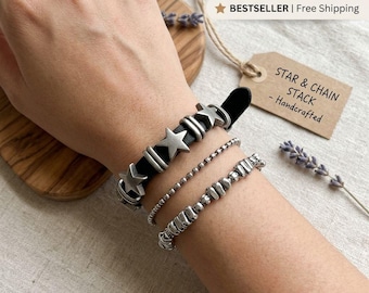Punk Grunge Star Leather Bracelet Stack – Layered Silver Chain Y2K Alt Fashion