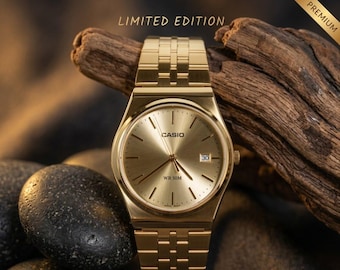 Casio MTP-B145G Gold Watch | Unisex Retro Digital Analog Style Watch | Integrated Steel Band