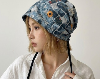 Hat, Denim Patchwork Bucket Sunflower Embroidery Y2K Grunge Slouchy Sun Cap Gift for Her
