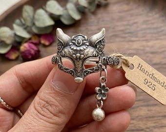 Peach Blossom Fox Mask Ring, Attract Love & Romance Jewelry, 925 Silver Tassel Kitsune