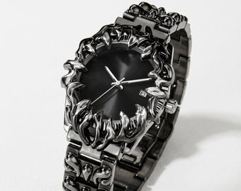 Gothic Y2K Thorn Watch, Black Liquid Metal Casing, Cyberpunk Punk Wristwatch