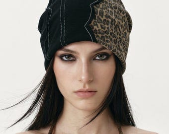 Patchwork Leopard Print Beanie Hat, Y2K Grunge Cotton Streetwear Cap