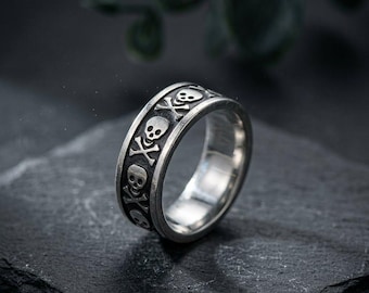 Skull and Crossbones Ring, Size 8-13, Minimalist Gothic Band, Biker Punk Gift
