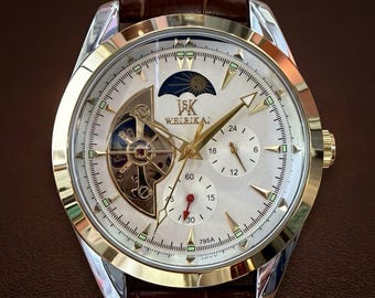 Men's Mechanical Watch, Moon Phase Skeleton Dial, Luxury Stainless Steel Brown Leather Strap
